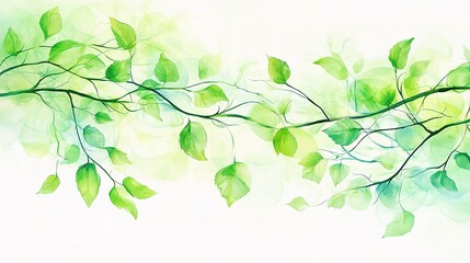 Obraz premium Horizontal Watercolor Abstract Background with Green Leaves and Lines