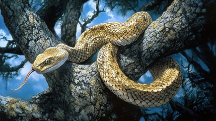 Obraz premium A bush viper coiled around a tree branch, tongue flicking.