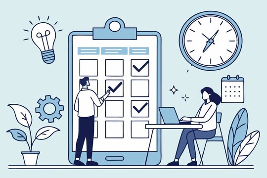 Illustration of productivity, featuring a checklist, a clock, and individuals collaborating, emphasizing time management and organized work.