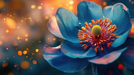 Blue Flower Magic: A vibrant close-up reveals a captivating blue flower, its petals delicately unfurling, showcasing a mesmerizing heart of orange and yellow.