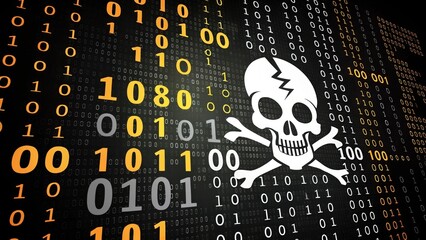 A digital representation of a skull and crossbones overlaid on binary code, symbolizing cyber threats or hacking.