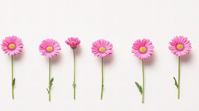 Pink Daisy Minimalism: A row of six pink daisies arranged in a minimalist design against a simple backdrop, creating a sense of order, balance, and tranquility.  