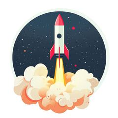 A colorful rocket blasting off, surrounded by clouds of smoke, set against a cosmic backdrop. isolated on transparent background.