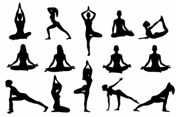 Yoga Poses Collection - Silhouettes of Yoga Practitioners in Various Postures