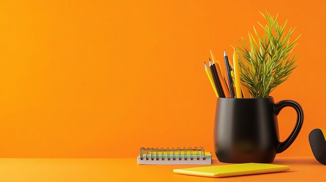 A Minimalist Workspace:  A black coffee mug filled with pens and a sprig of greenery sits on a vibrant orange desk, alongside a yellow notepad and a minimalist phone. Minimalism meets functionality.