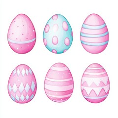 Pastel Easter Eggs Collection: Six delicately illustrated Easter eggs in soft pastel shades of pink and blue, each adorned with a unique and charming pattern. Perfect for Easter cards, banners.