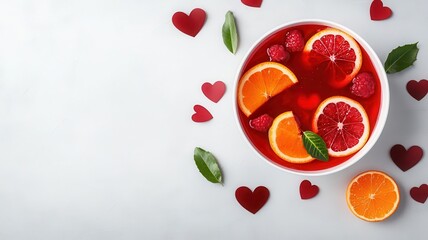 Fototapeta premium A festive punch bowl filled with a bright red Valentine s punch, garnished with heart shaped fruit slices and floating petals, 3D render, 3D render