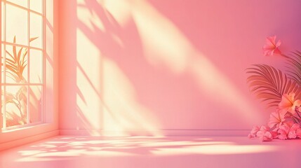 Pink Paradise: A serene and minimalist scene with a window casting warm sunlight and a palm frond, adding a touch of tropical whimsy to the soft pink wall and floor.