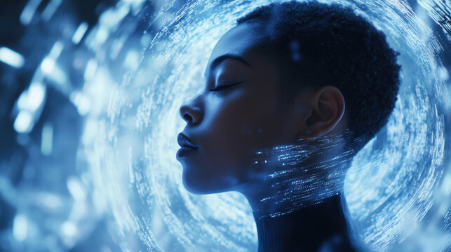 serene profile of woman with short black hair, surrounded by swirling blue light, evokes sense of tranquility and futuristic energy