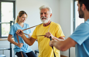 Obraz premium Elderly male exercising with fitness bands in gym setting