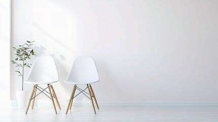 Minimalist Interior Design: A serene and minimalist interior featuring two white chairs with wooden legs, positioned against a blank wall with a hint of sunlight streaming in.
