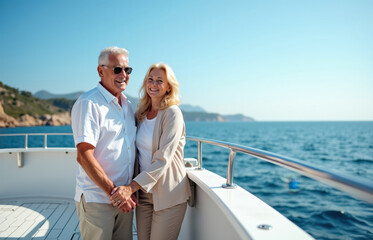 Caucasian elderly couple enjoying sunny yacht cruise on serene ocean