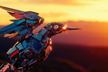 Naklejka premium A chrome robotic hummingbird soars against a vibrant sunset, showcasing intricate mechanical details and futuristic design.