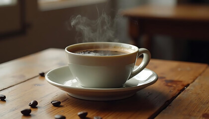 Fototapeta premium Cup coffee beans wooden
