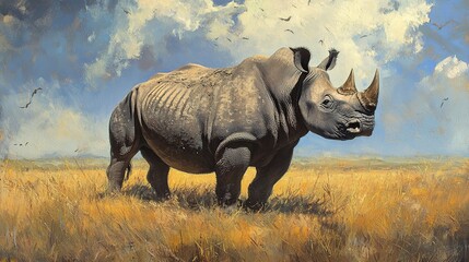 Fototapeta premium A large rhinoceros stands in a golden savanna under a dramatic sky.