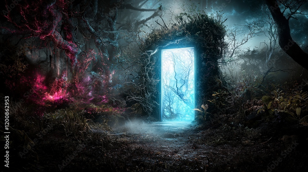 Poster mysterious glowing door to another dimension enchanted forest fantasy art ethereal location surreal 