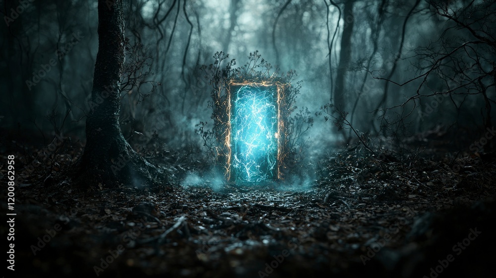 Poster mysterious glowing door a close-up of another dimension in an enchanted forest fantasy art with a sp