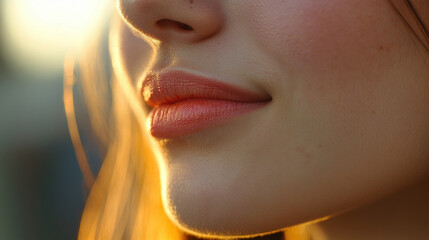 close up of woman soft, natural lips illuminated by warm sunlight, showcasing gentle and serene expression. image captures beauty of natural features and soft tones