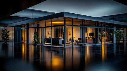 Minimalist glass house design innovative architecture and open spaces creating an inviting night atmosphere