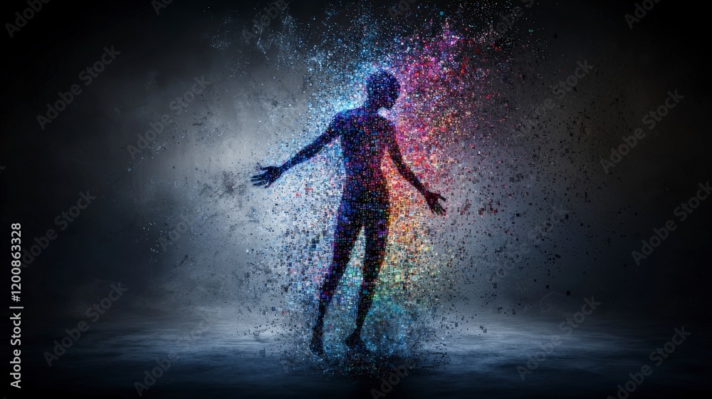 Aufkleber a person dissolving into pixels digital realm art concept abstract environment surreal viewpoint hum
