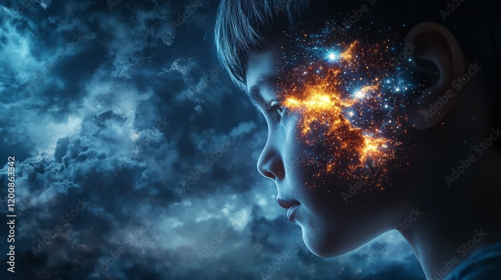 Poster child with cosmic vision surreal art dreamlike environment mystical imagery profile view imagination
