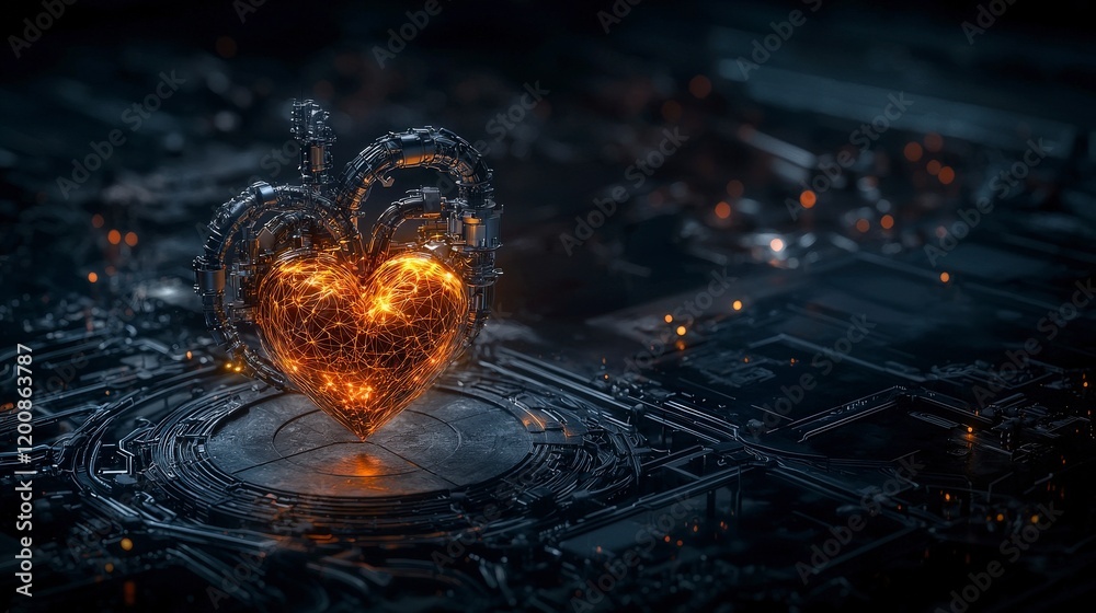 Poster Ai with a heart advanced system glowing in a tech landscape digital art futuristic environment optimistic viewpoint