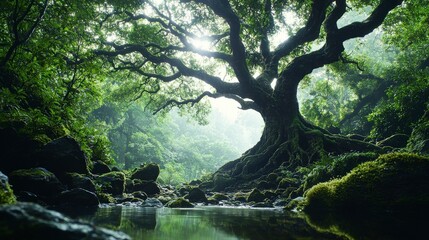 Fototapeta premium Majestic ancient tree breathing life enchanted forest nature photography serene environment low angle view vitality concept