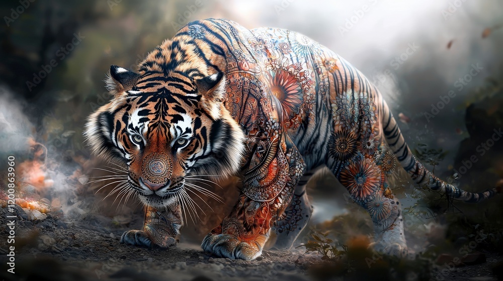 Aufkleber majestic tiger roaring in artistic patterns enchanted forest digital art captivating environment dyn