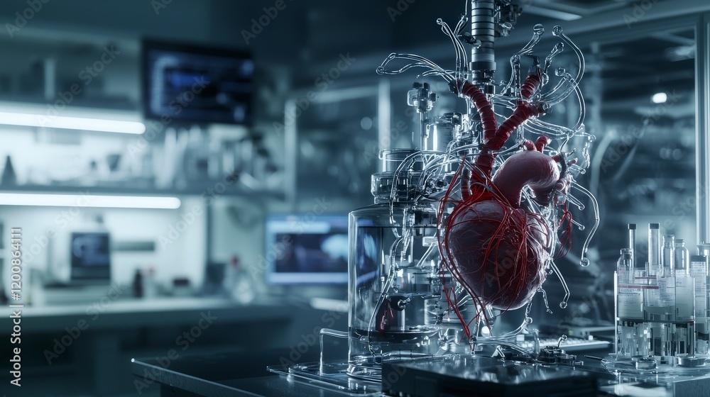 Poster innovative biological machines heart simulation high-tech lab research futuristic environment close-
