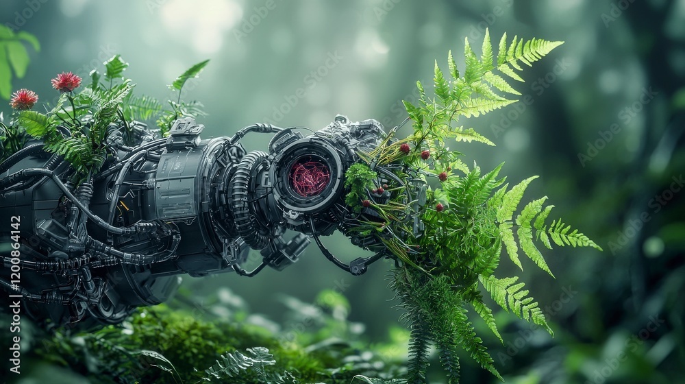 Poster close-up of futuristic organic machine interacting with nature in a lush enchanted biomechanical for