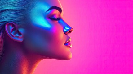 Obraz premium Metallic watercolor concept. A close-up portrait of a woman against a vibrant, colorful background.