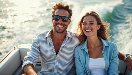 Smiling caucasian young couple enjoying a boat ride on sunny day