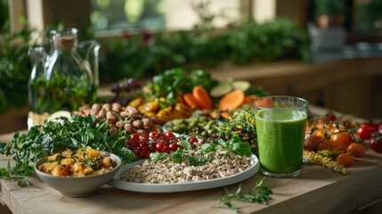 Healthy organic food display rustic kitchen vibrant spread natural setting close-up view fresh ingredients