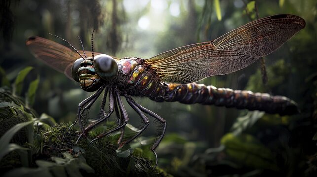 Giant insects enormous dragonfly size of a car jungle setting digital artwork fantasy environment close-up viewpoint