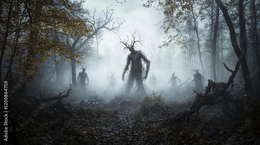 Poster mysterious creatures in a foggy forest enchanted wilderness digital art ethereal atmosphere low angl