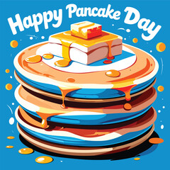 Happy Pancake Day Illustration with Syrup and Butter on Stack of Pancakes