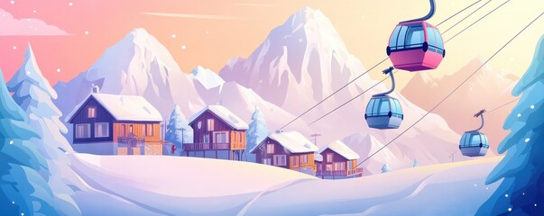 Colorful ski cabin lift for mountain skiers and snowboarders moves in the air on a cableway,ski resort with snowy hill,Skiing and snowboarding,Active vacation weekend,Winter holiday.