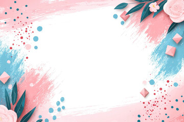 Floral and geometric frame with pink and blue brush strokes, leaves, and flowers, creating vibrant and artistic design