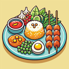 Adobe A vibrant and colorful illustration of a traditional Indonesian dish served on a blue plate, featuring rice, chicken satay skewers, sambal, boiled egg, vegetables, and garnish