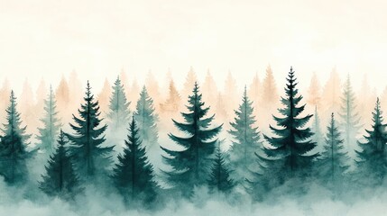 Obraz premium Nature watercolor idea. A serene, misty forest landscape with tall evergreen trees and soft pastel hues.