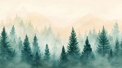 Fototapeta premium Nature watercolor idea. A serene landscape of majestic pine trees shrouded in soft mist and gentle hues.