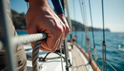 Fototapete Rund Close-up of hands gripping rope on sailing boat under clear blue sky © Юлия Падина