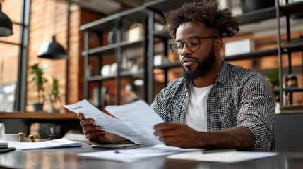 Obraz premium Young african male reviewing documents in modern office setting