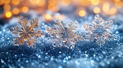 Close-Up of Snowflakes on Frosty Surface with Festive Lights in Background