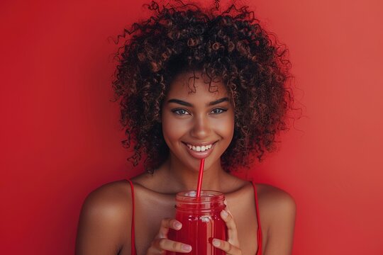 Dreamy young African American lady with curly hair holding red jar with straw and enjoying beverage on red background - Powered by Adobe