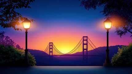 Sunset view of a bridge with lamp posts in a serene landscape.