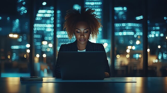 African female professional working late at laptop in urban office at night