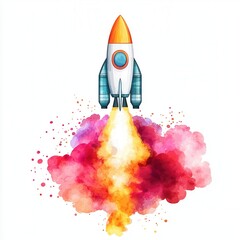 A colorful rocket launches with vibrant smoke, symbolizing innovation, exploration, and adventure.