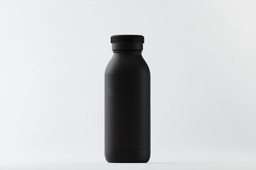 Health solutions guidelines concept. Sleek black bottle on a minimalistic background.