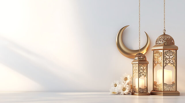 Gift box, lantern, gold crescent moon . Design concept of ramadan Kareem, mawlid, iftar,isra and miraj or eid al fitr adha, copy space text area, 3D illustration, high resolution realistic image